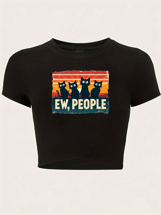 "Ew, People" Y2K Baby Tee - Striped Black Cat Graphic
