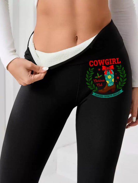 "Cowgirl Christmas" Fleece-Lined Leggings - Western Holiday Print