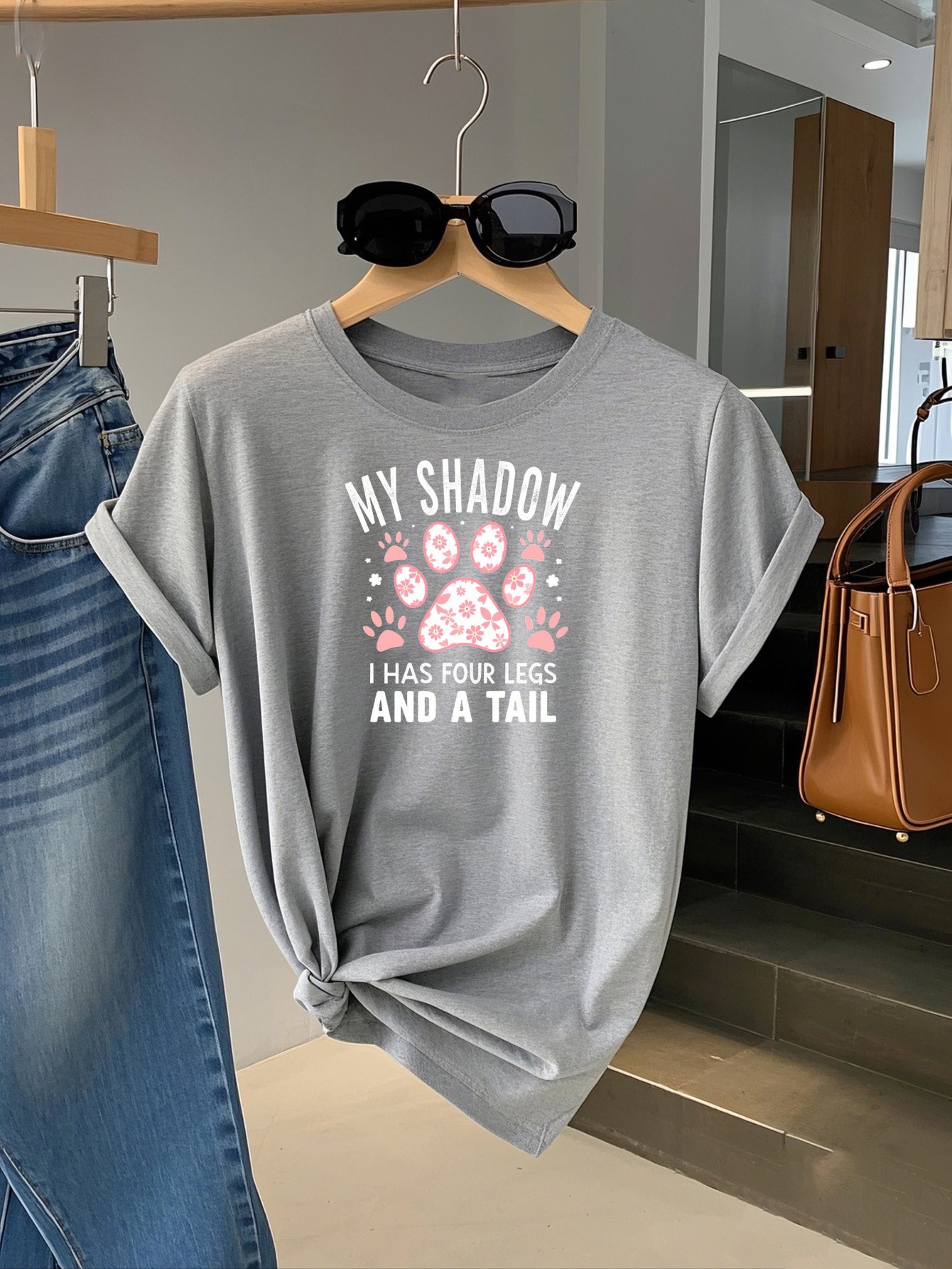Funny Dog Mom Graphic Tee – “My Shadow Is Bigger Than Your Tail” Paw Print Shirt