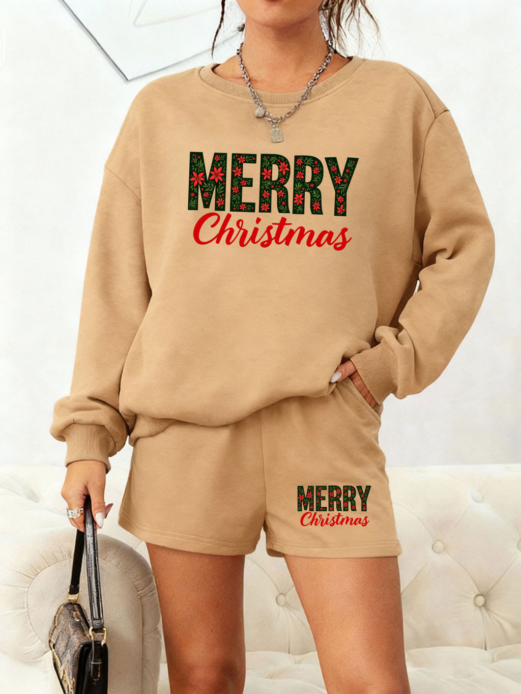 "Merry Christmas" Cozy Gray Lounge Set - Sweatshirt & Shorts