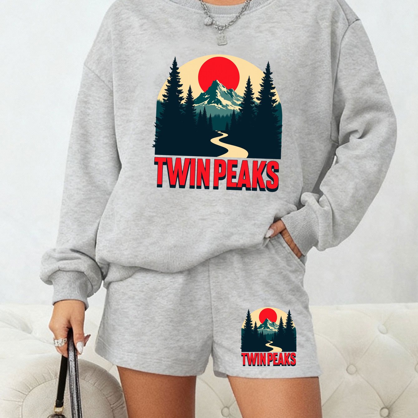 Women's Twin Peaks Sunset Print Lounge Set – Black Casual Sweatshirt &amp; Shorts