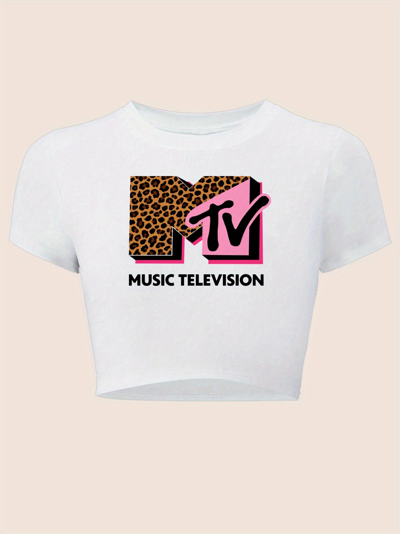 Women's Y2K Graphic Crop Top – Pastel Pink Slim Fit Tee with MTV Logo &amp; Leopard Print Design