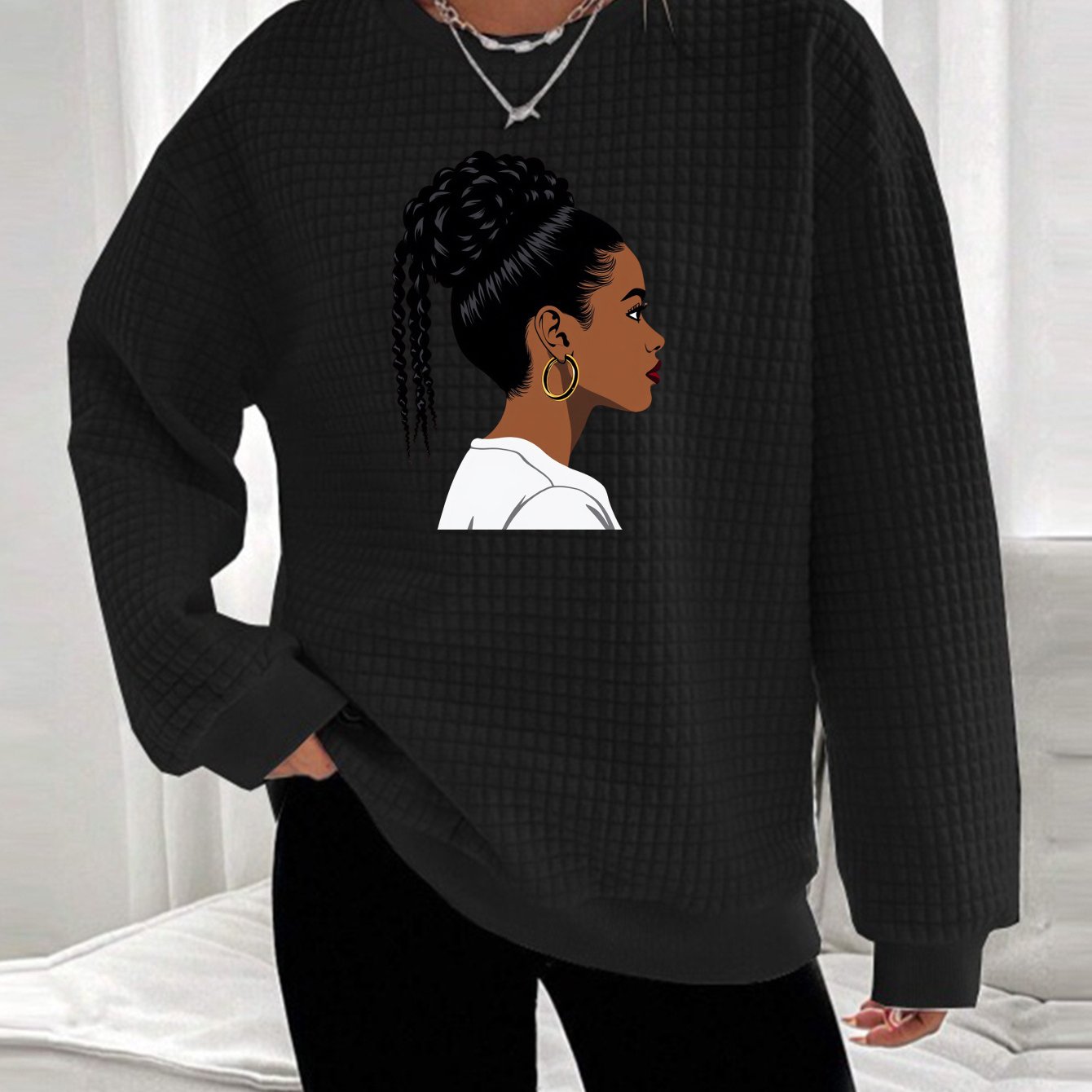Abstract Face Graphic Waffle Knit Sweatshirt - Oversized Pullover