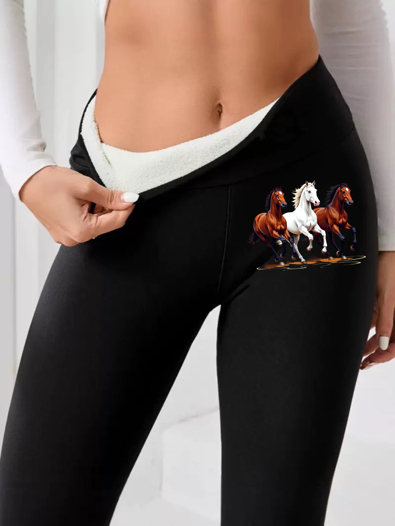 Equestrian Style Horse Print Leggings - Fleece Lined & High Waisted