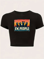 "Ew, People" Y2K Baby Tee - Striped Black Cat Graphic