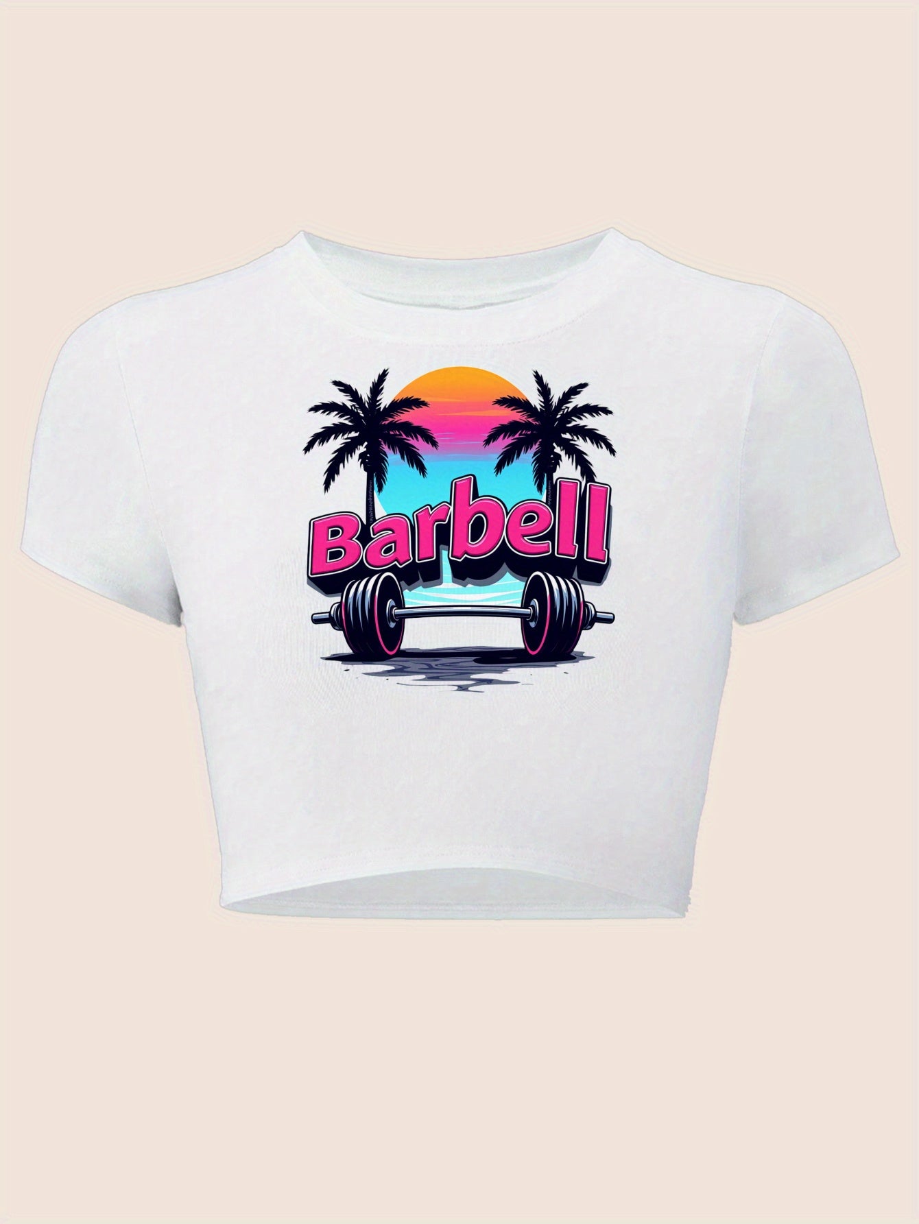 Women's Barbell Crop Top - Retro Sunset Weightlifting Tee