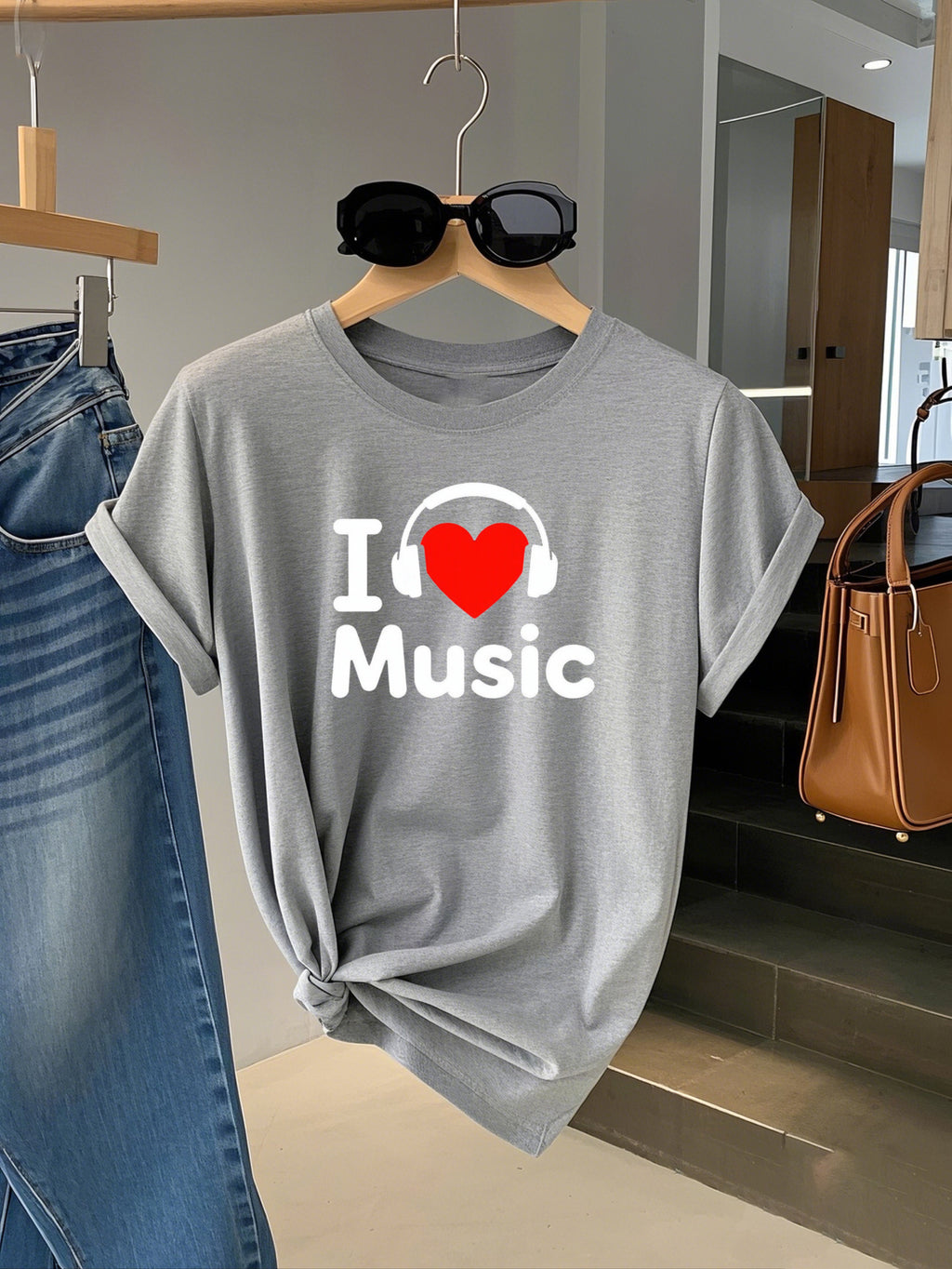 Women's Comfy Stretchy Tee – “I Love Music” Soft Crew Neck Shirt