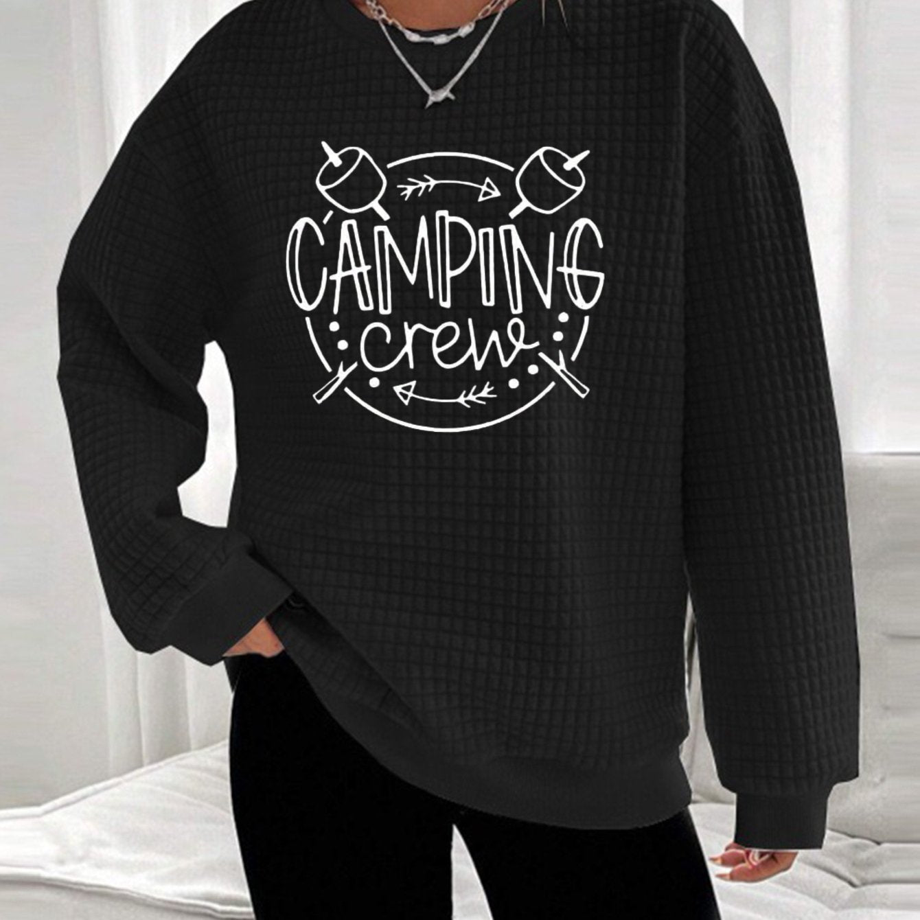 Camping Adventure Waffle Knit Sweatshirt - Tent & Campfire Print
