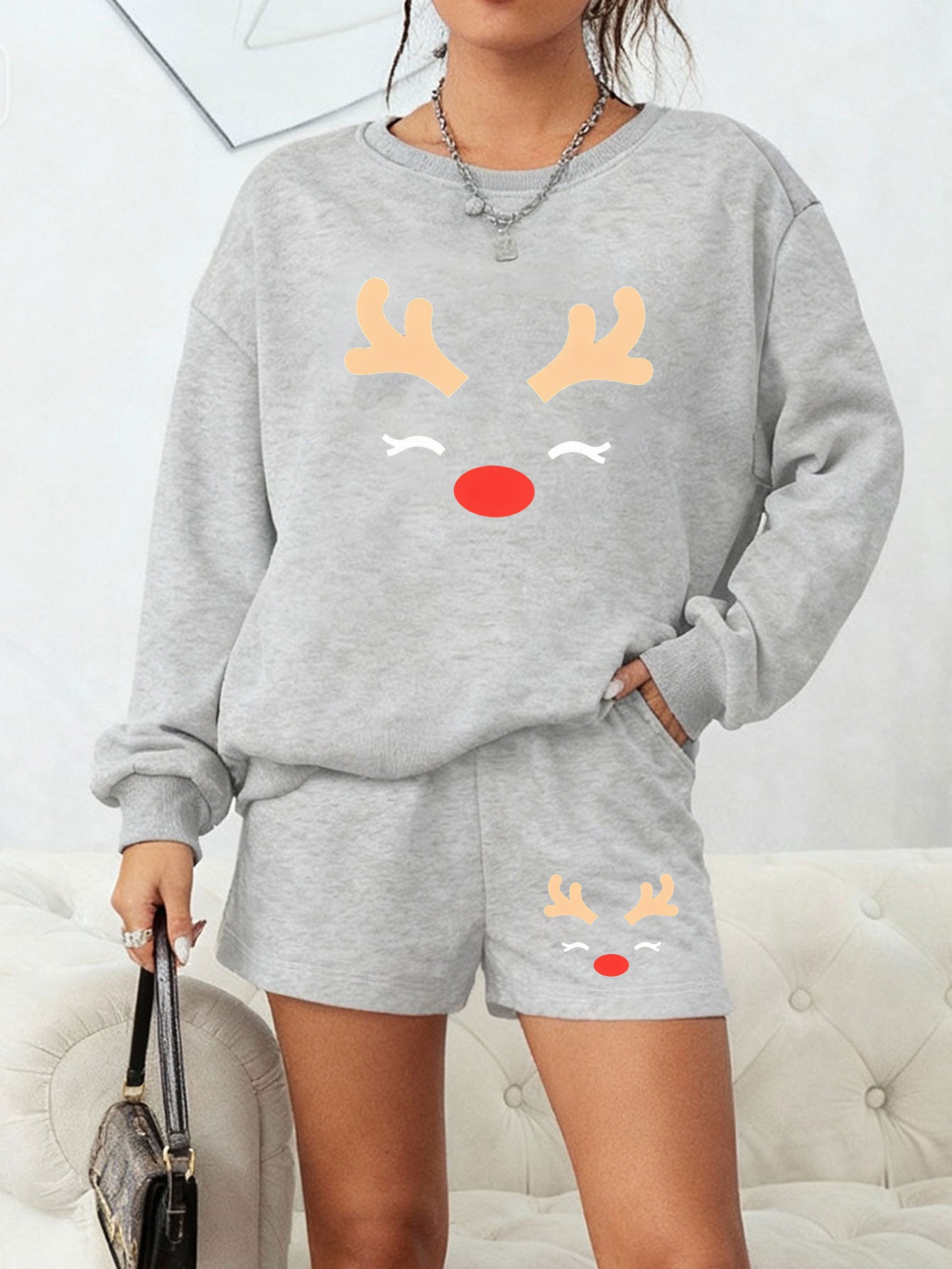 "Red Nose" Reindeer Fleece Lounge Set - Christmas Sweatshirt & Shorts