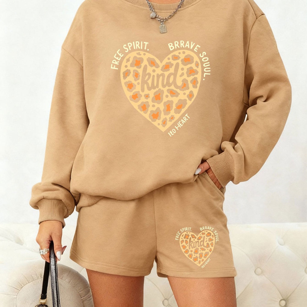 "Kind" Leopard Heart Lounge Set - Sweatshirt & Shorts