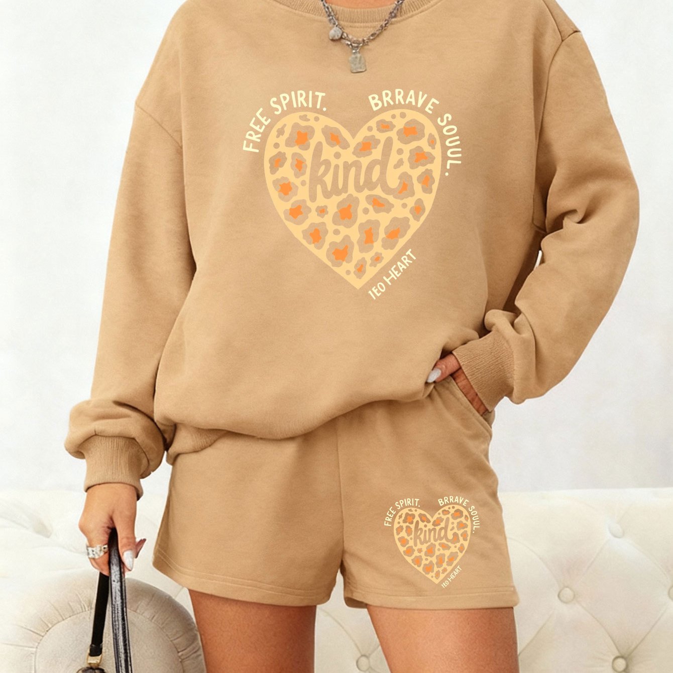 "Kind" Leopard Heart Lounge Set - Sweatshirt & Shorts