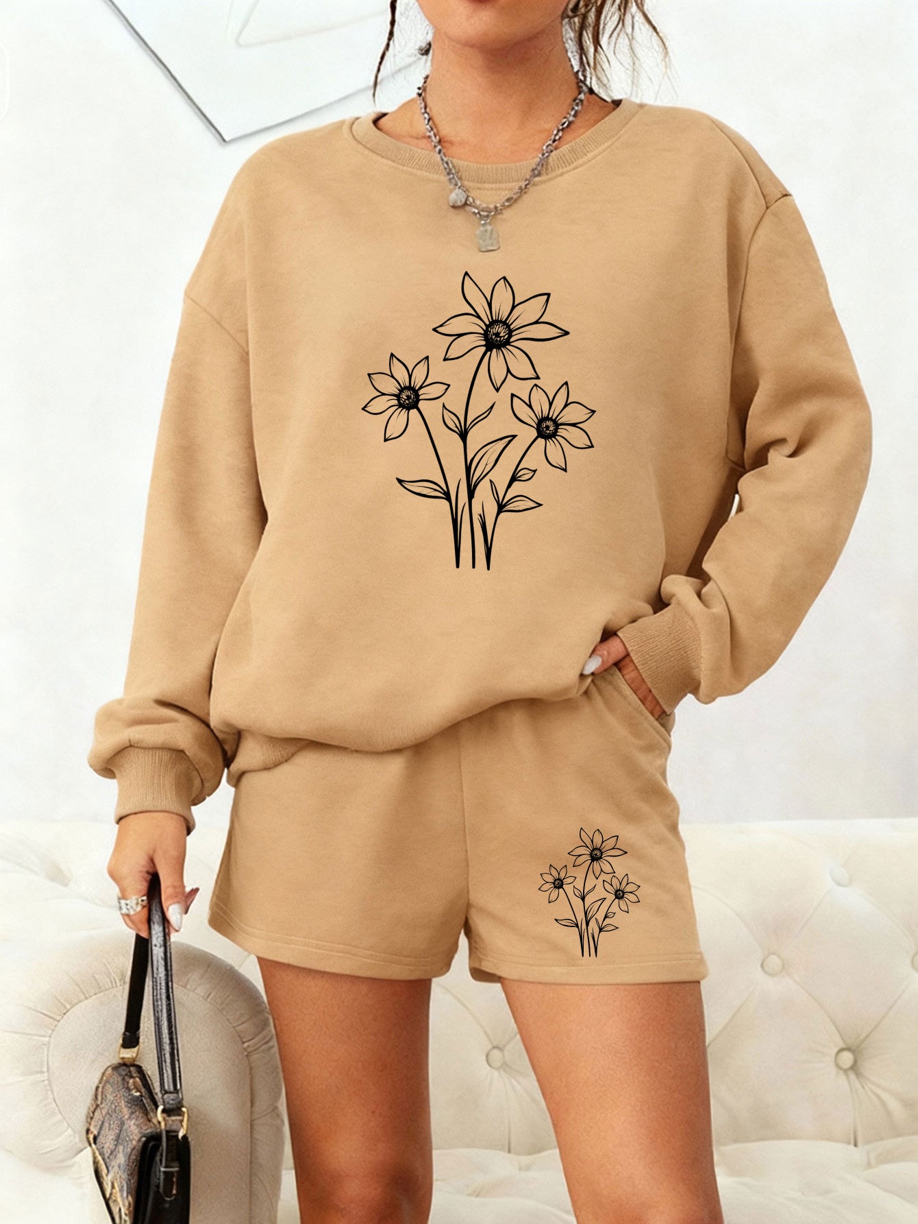 Women's Casual Loose Sweatshirt and Shorts Set, Gray Floral Print, Suitable for Home and Outing