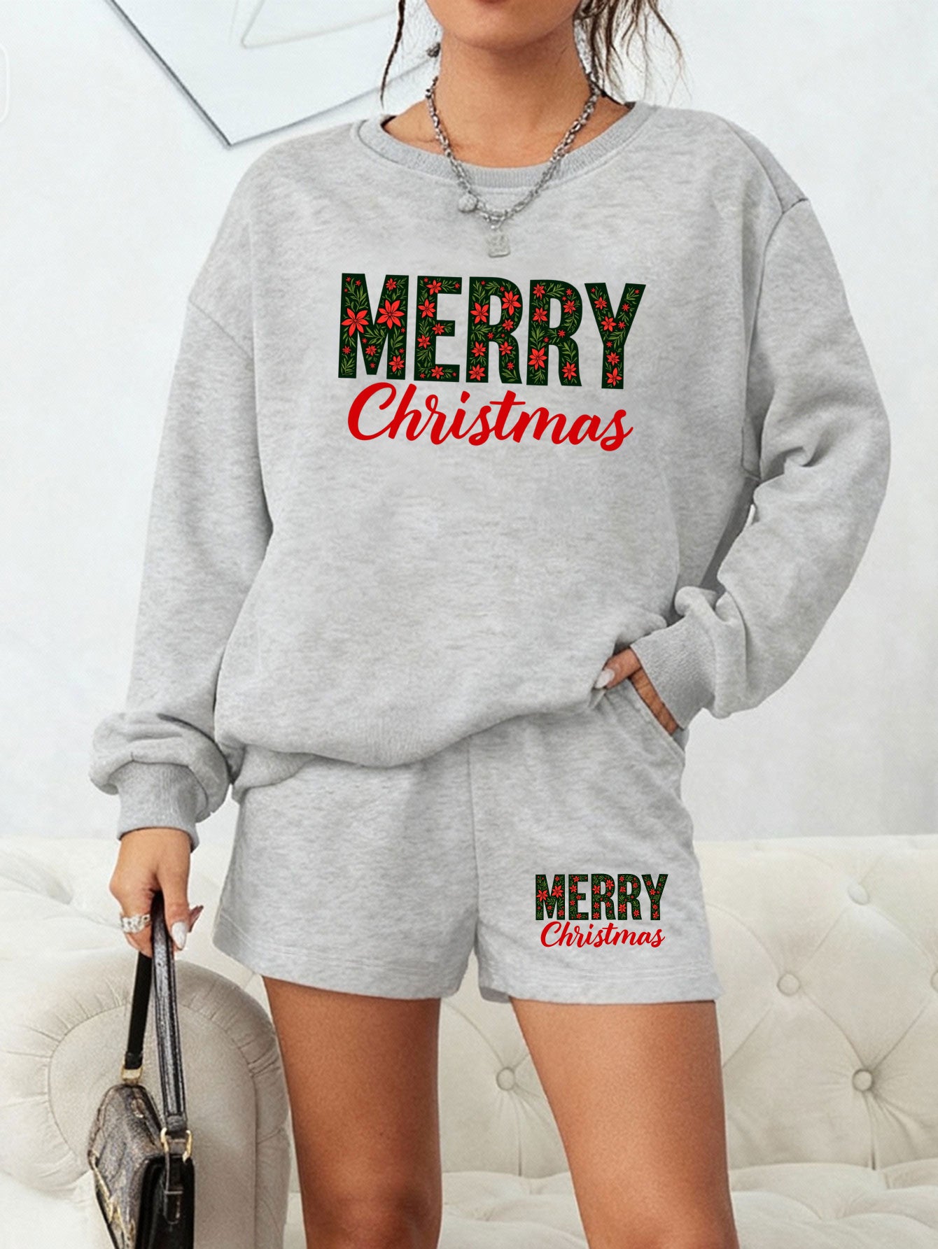 "Merry Christmas" Cozy Gray Lounge Set - Sweatshirt & Shorts