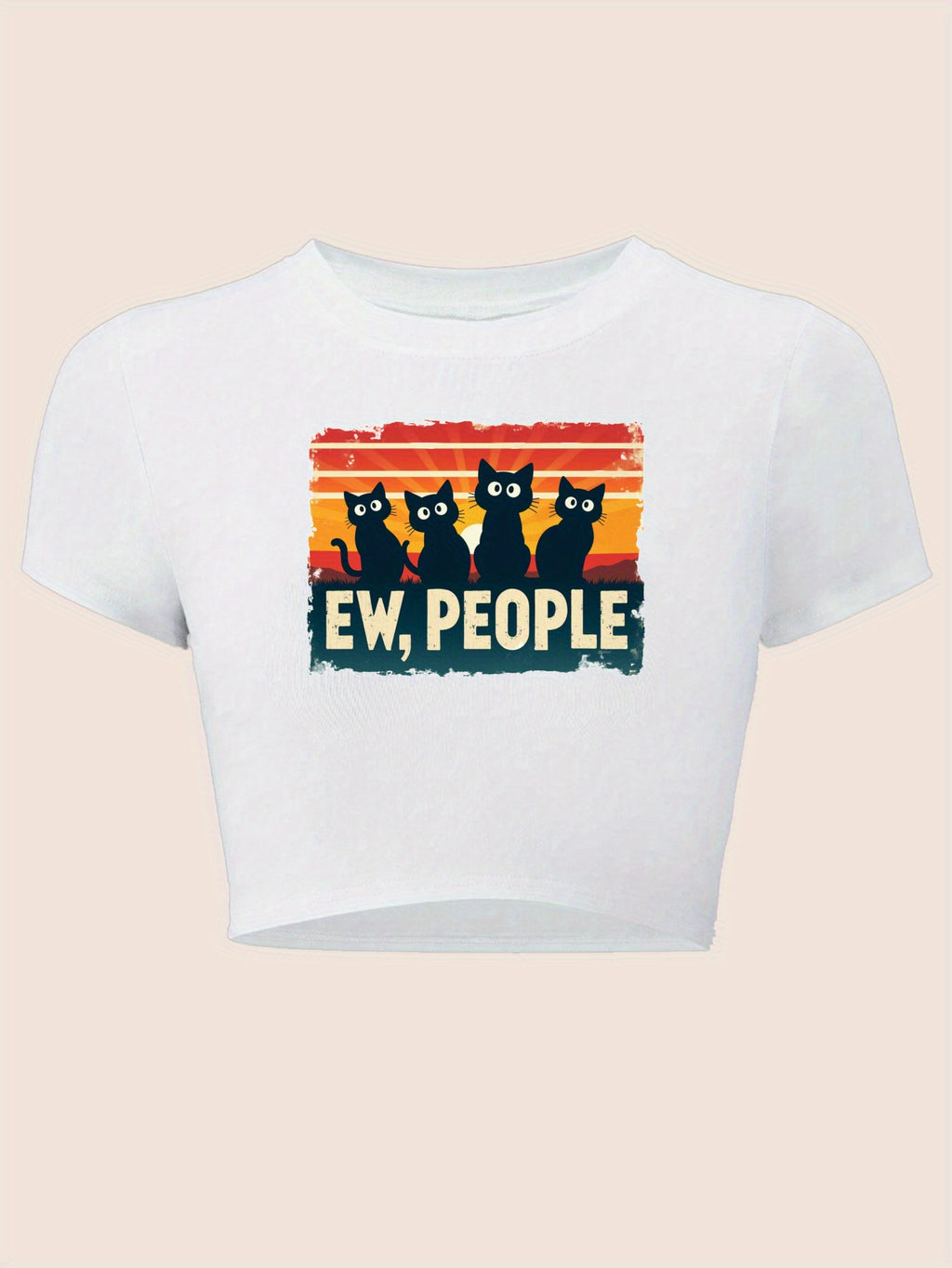 "Ew, People" Y2K Baby Tee - Striped Black Cat Graphic