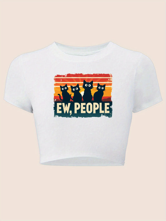 "Ew, People" Y2K Baby Tee - Striped Black Cat Graphic