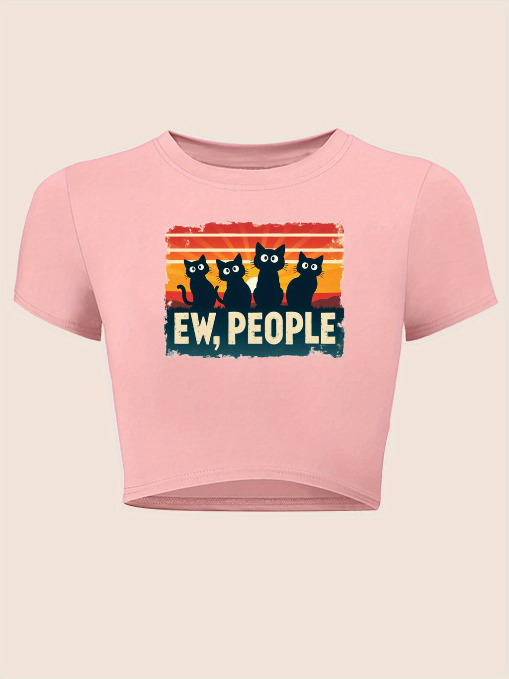 "Ew, People" Y2K Baby Tee - Striped Black Cat Graphic
