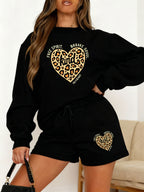 "Kind" Leopard Heart Lounge Set - Sweatshirt & Shorts