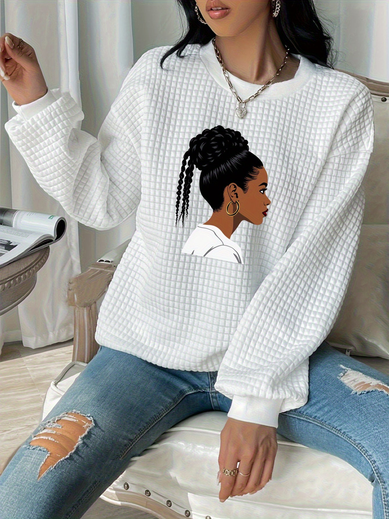 Abstract Face Graphic Waffle Knit Sweatshirt - Oversized Pullover