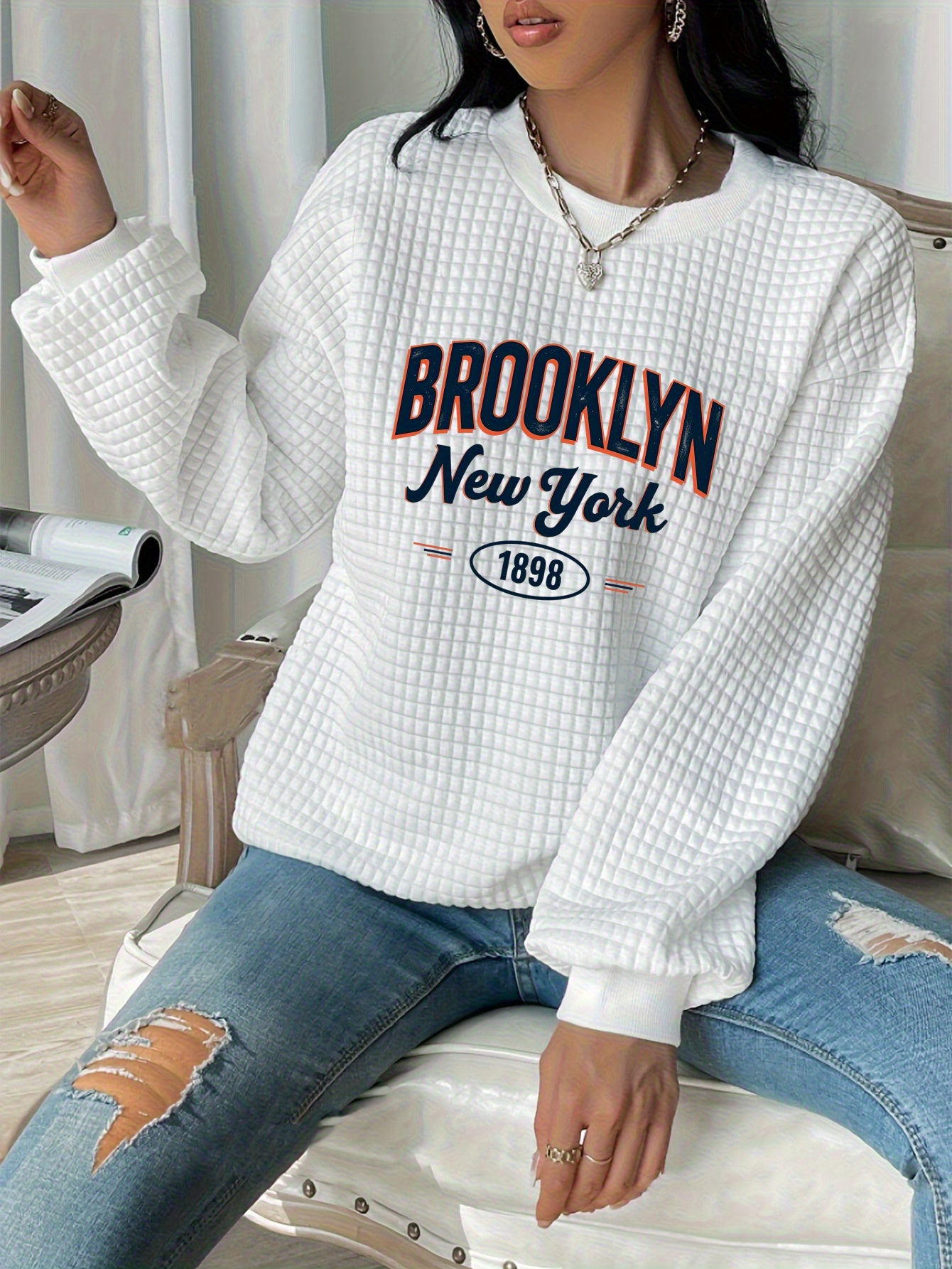 "Brooklyn 1988" Waffle Knit Hoodie - Oversized White Pullover