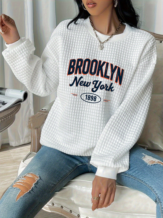 "Brooklyn 1988" Waffle Knit Hoodie - Oversized White Pullover