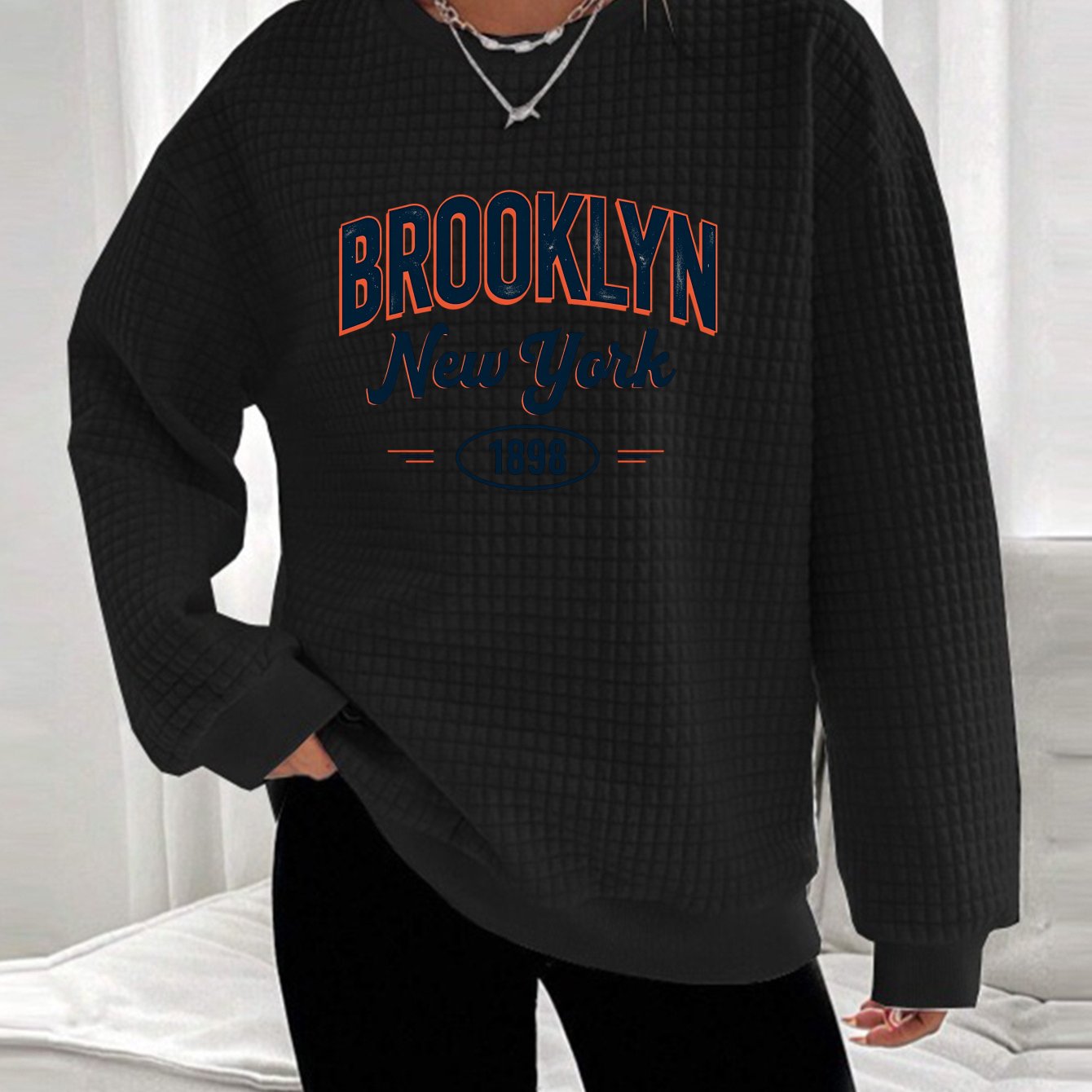 "Brooklyn 1988" Waffle Knit Hoodie - Oversized White Pullover