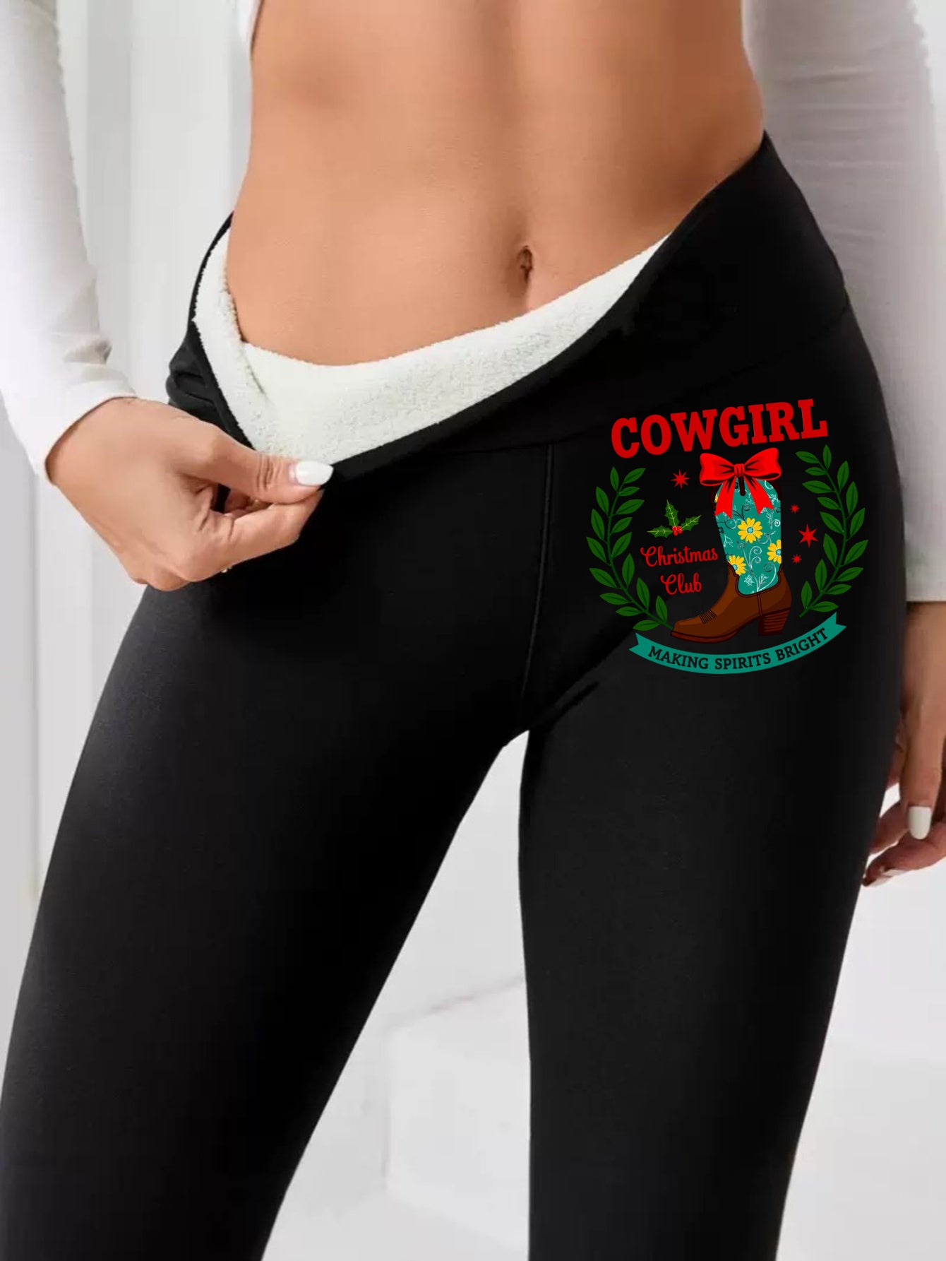 "Cowgirl Christmas" Fleece-Lined Leggings - Western Holiday Print