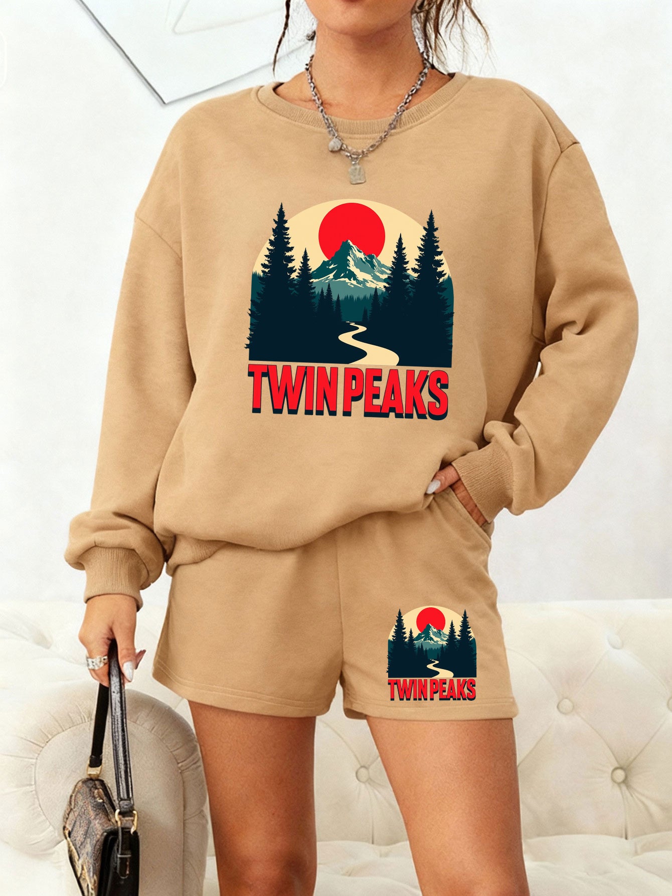 Women's Twin Peaks Sunset Print Lounge Set – Black Casual Sweatshirt &amp; Shorts