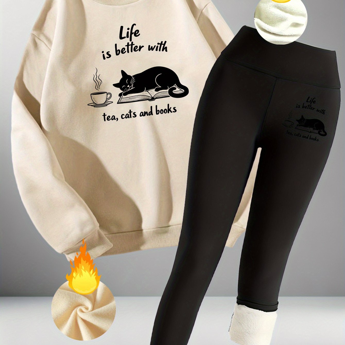 Black Cat Reading Graphic Cozy Set - Sweatshirt & Warm Leggings