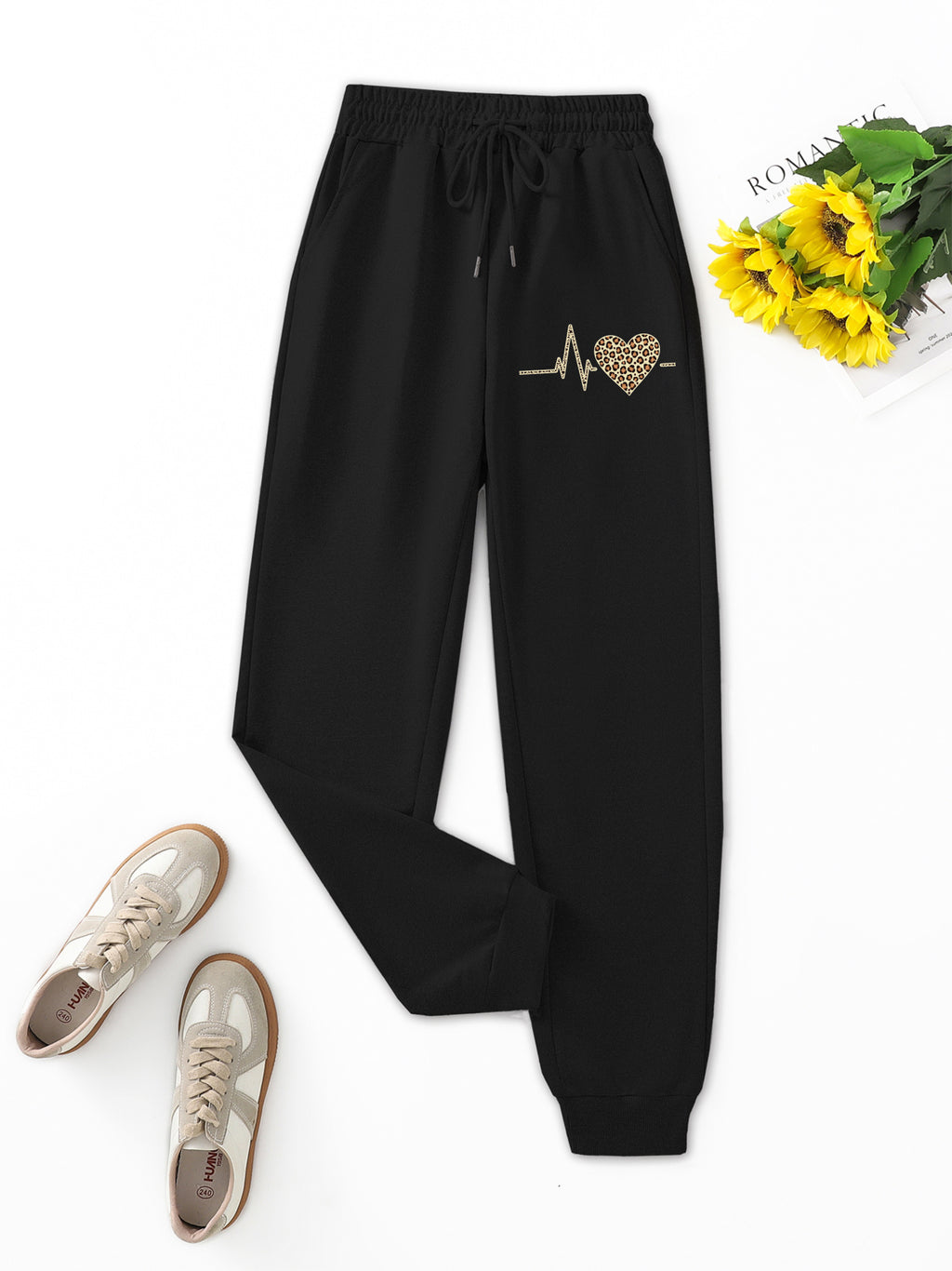 "Love" Heartbeat Graphic Joggers - Black Drawstring Pants