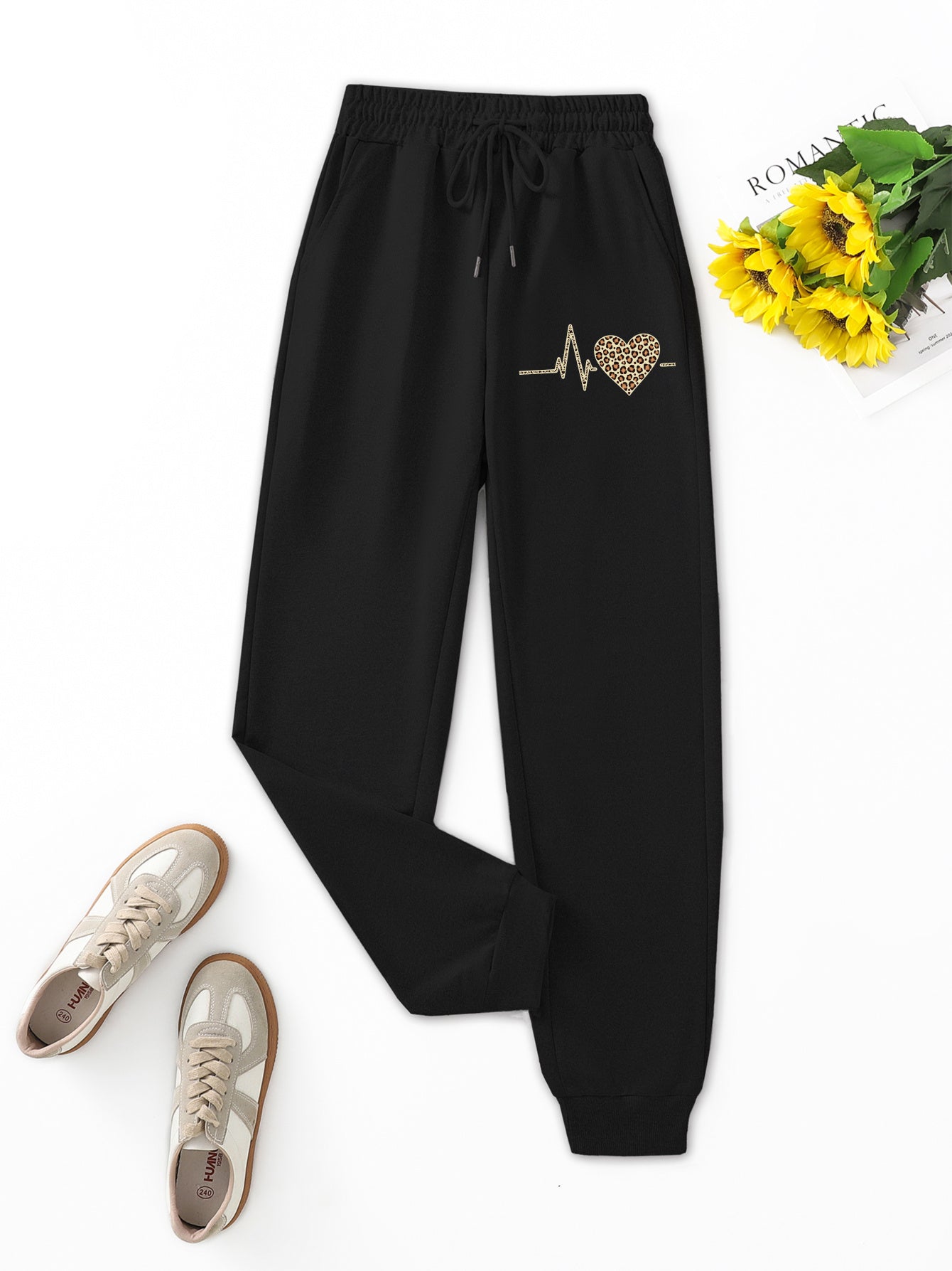 "Love" Heartbeat Graphic Joggers - Black Drawstring Pants