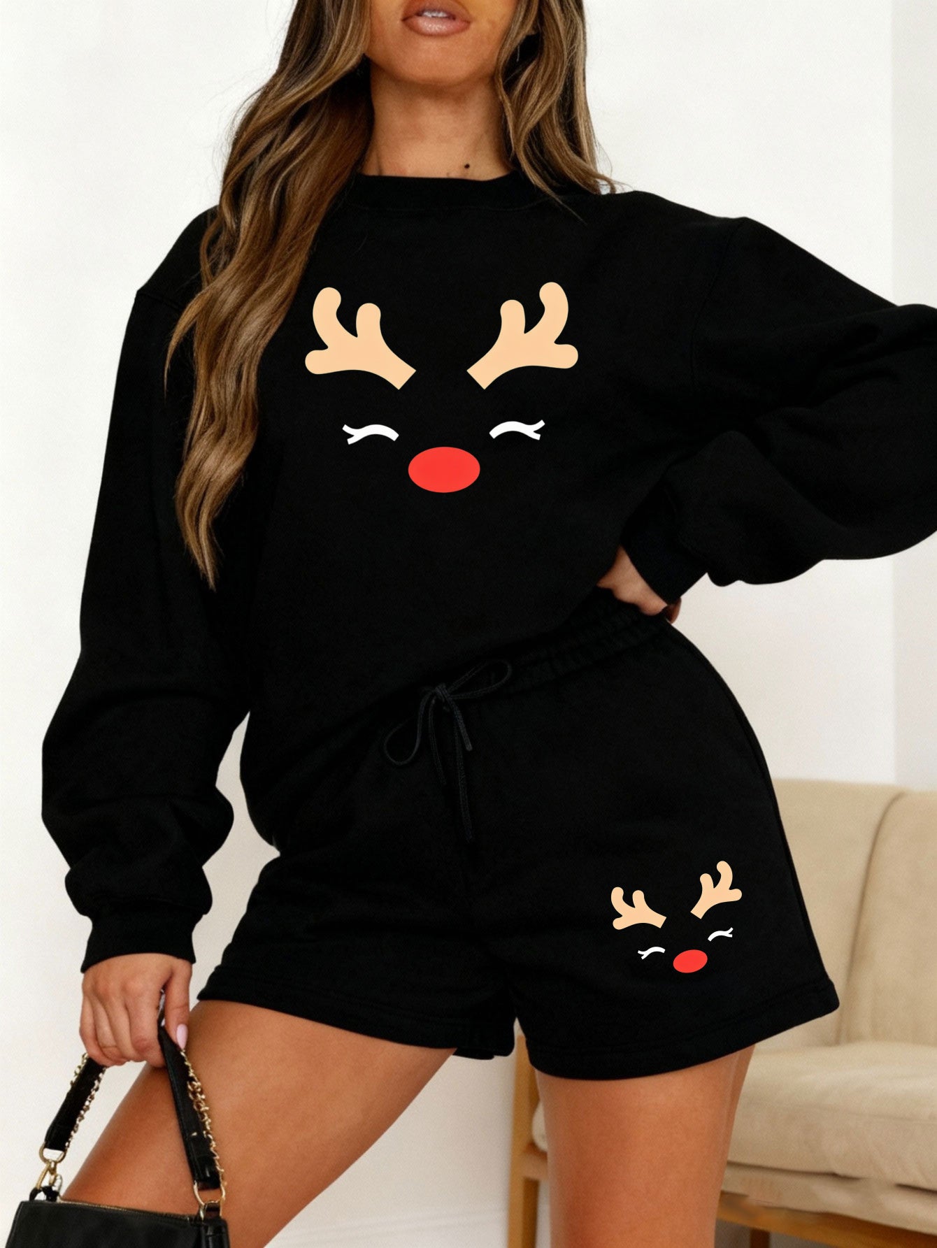 "Red Nose" Reindeer Fleece Lounge Set - Christmas Sweatshirt & Shorts