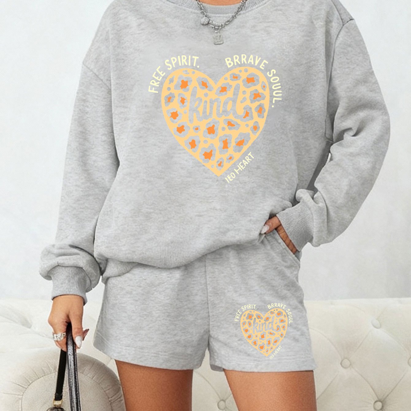 "Kind" Leopard Heart Lounge Set - Sweatshirt & Shorts