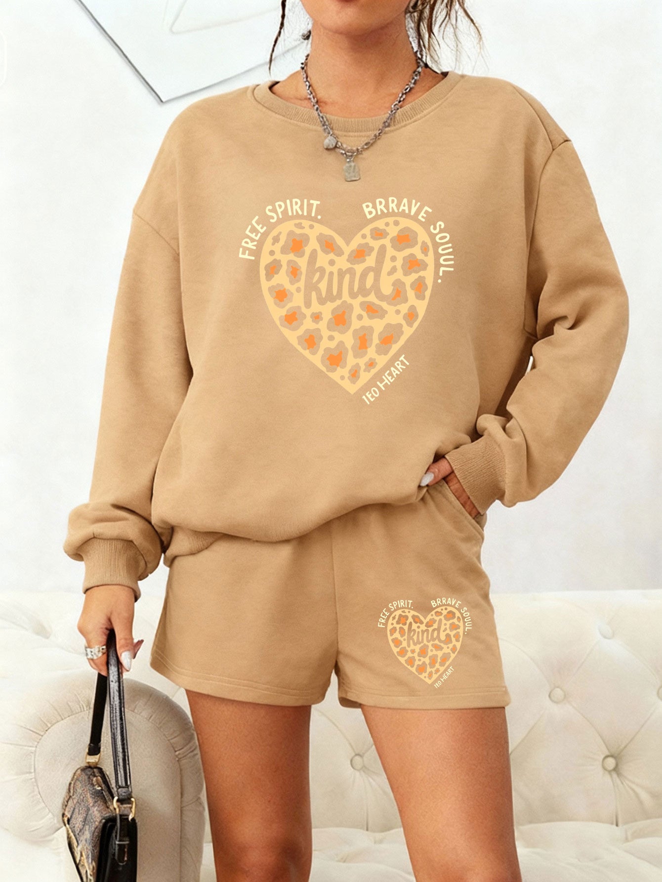 "Kind" Leopard Heart Lounge Set - Sweatshirt & Shorts