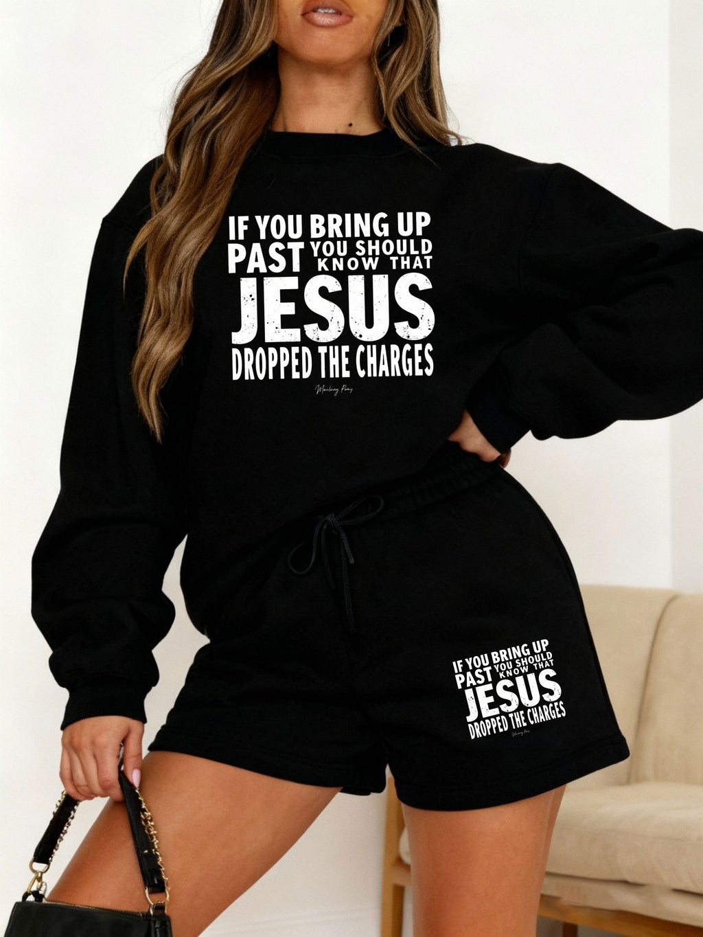 "Jesus Dropped The Charges" Christian Lounge Set - Sweatshirt & Shorts