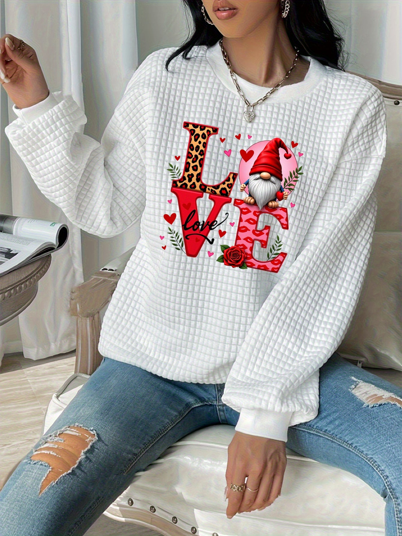 "Love" Santa & Reindeer Waffle Knit Sweatshirt - Festive Christmas Crewneck