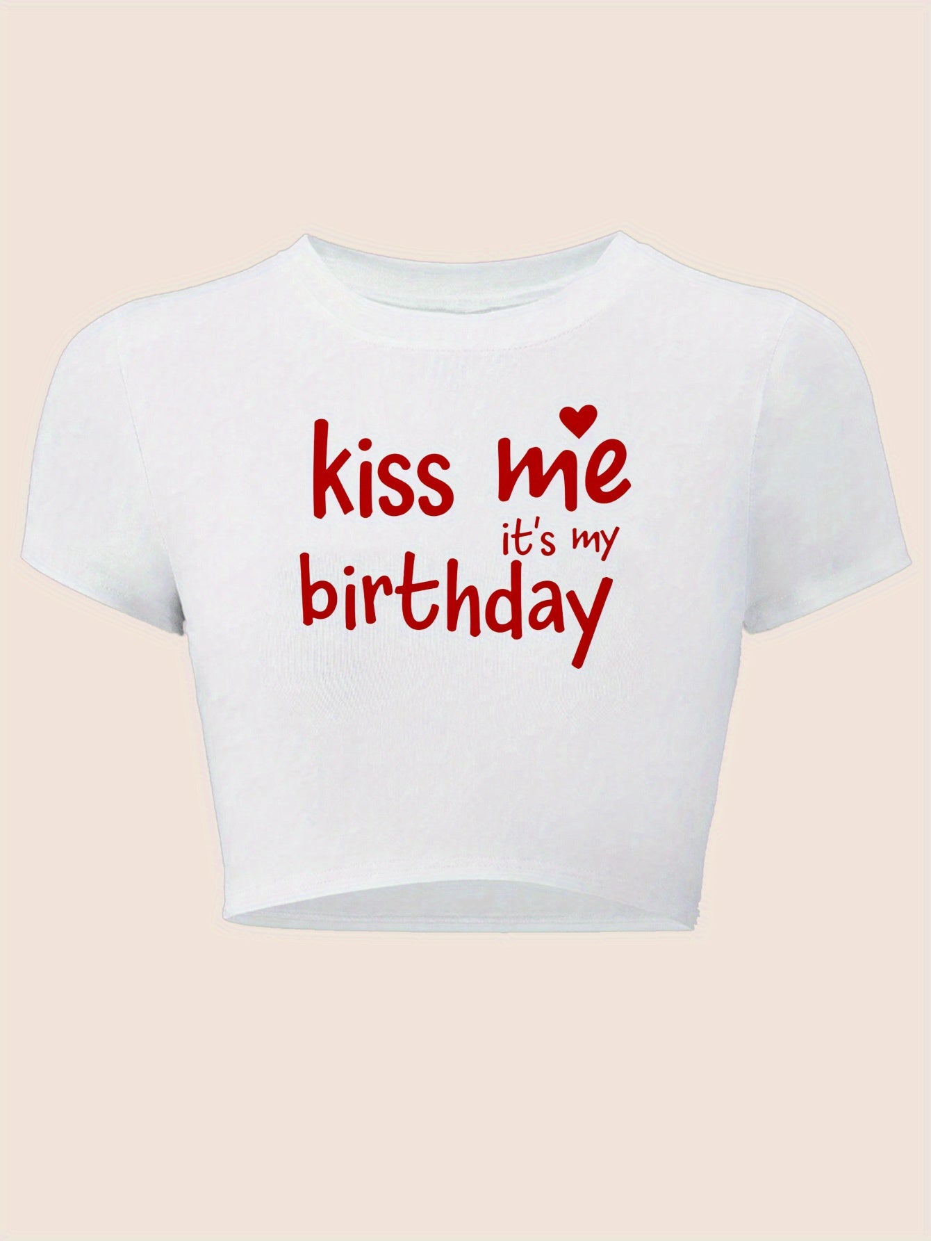Women’s “KISS ME IT’s MY BIRTHDAY” Y2K Graphic Crop Top – Black Slim Fit Tee with Heart Design