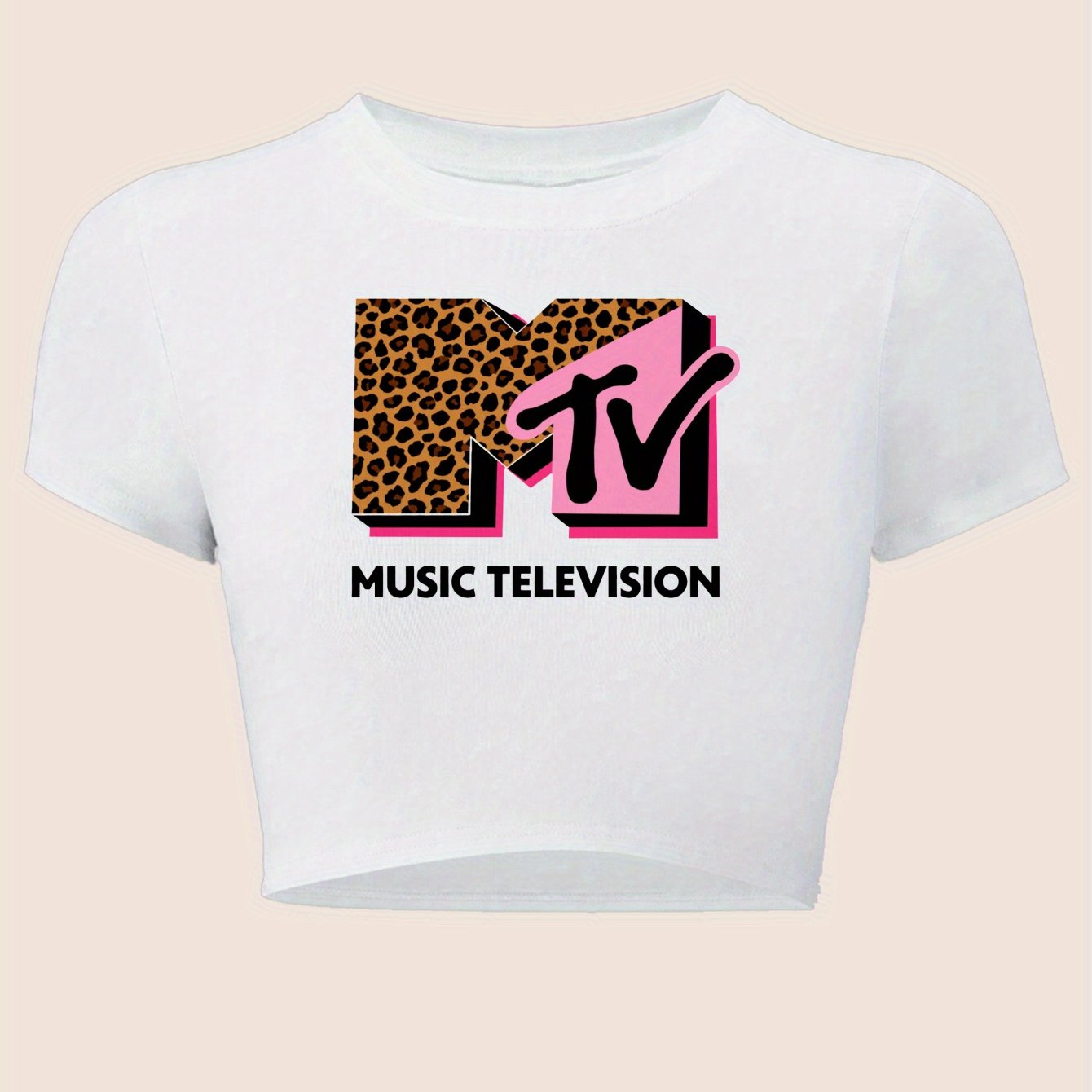 Women's Y2K Graphic Crop Top – Pastel Pink Slim Fit Tee with MTV Logo &amp; Leopard Print Design