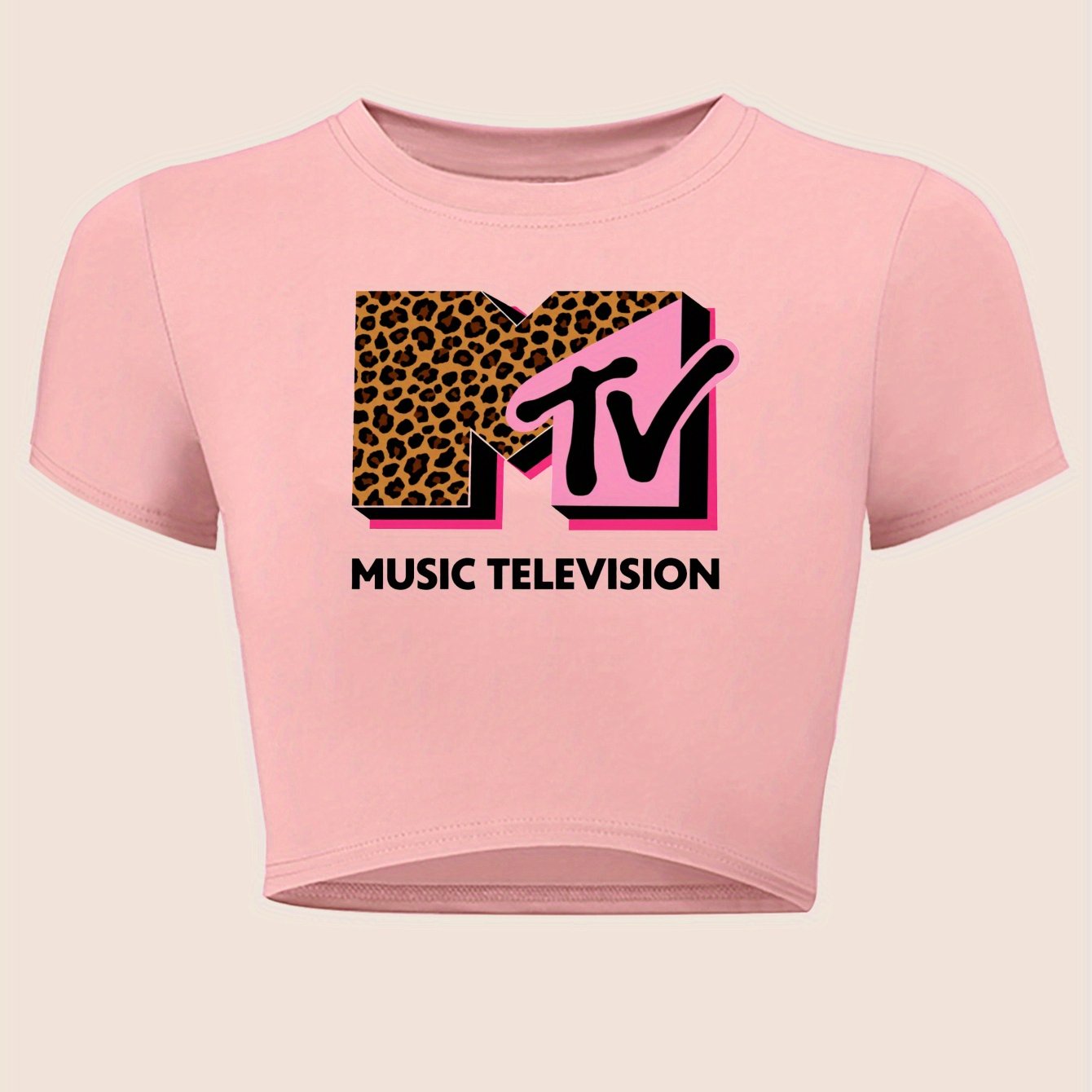 Women's Y2K Graphic Crop Top – Pastel Pink Slim Fit Tee with MTV Logo &amp; Leopard Print Design