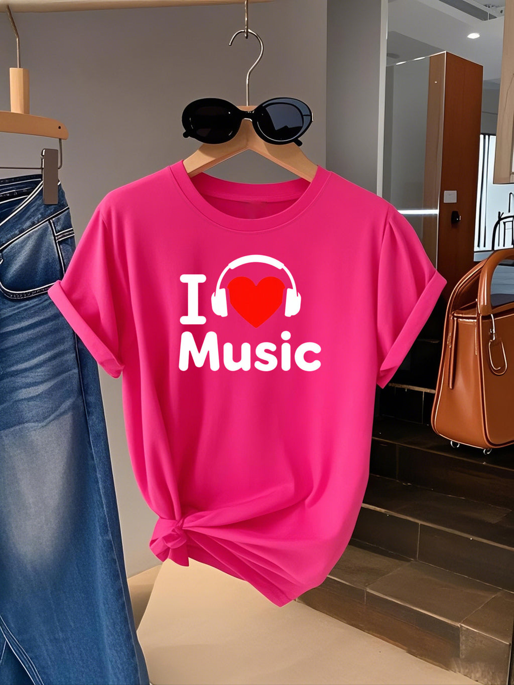 Women's Comfy Stretchy Tee – “I Love Music” Soft Crew Neck Shirt