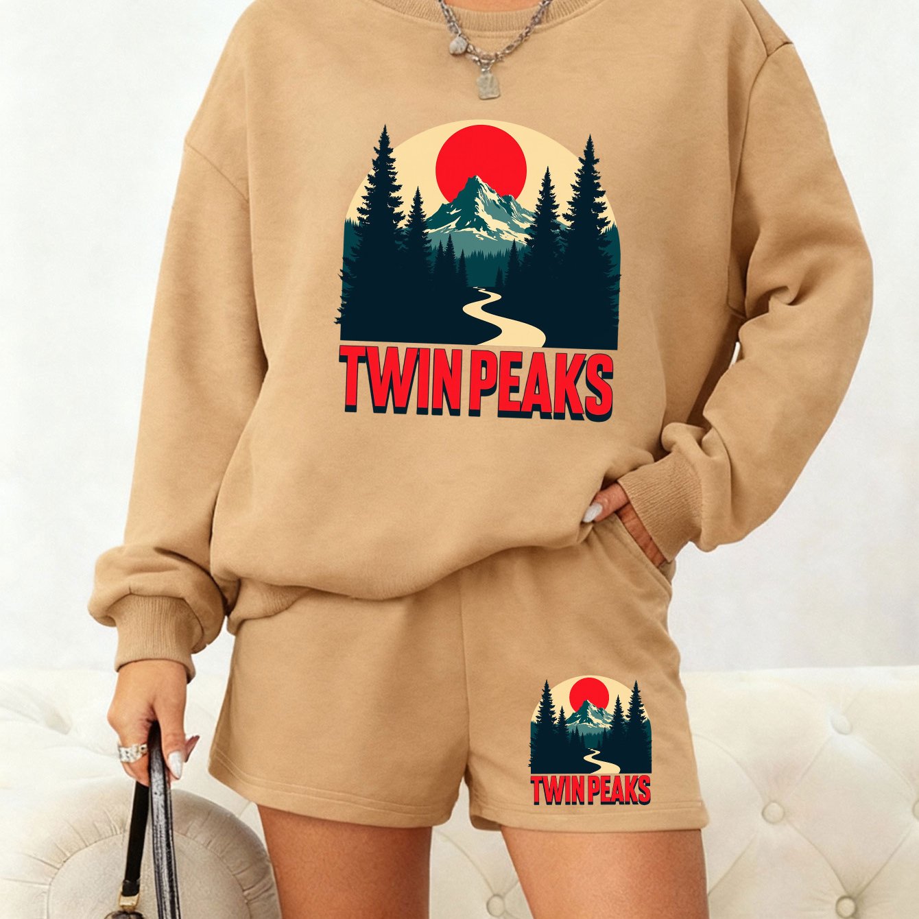 Women's Twin Peaks Sunset Print Lounge Set – Black Casual Sweatshirt &amp; Shorts