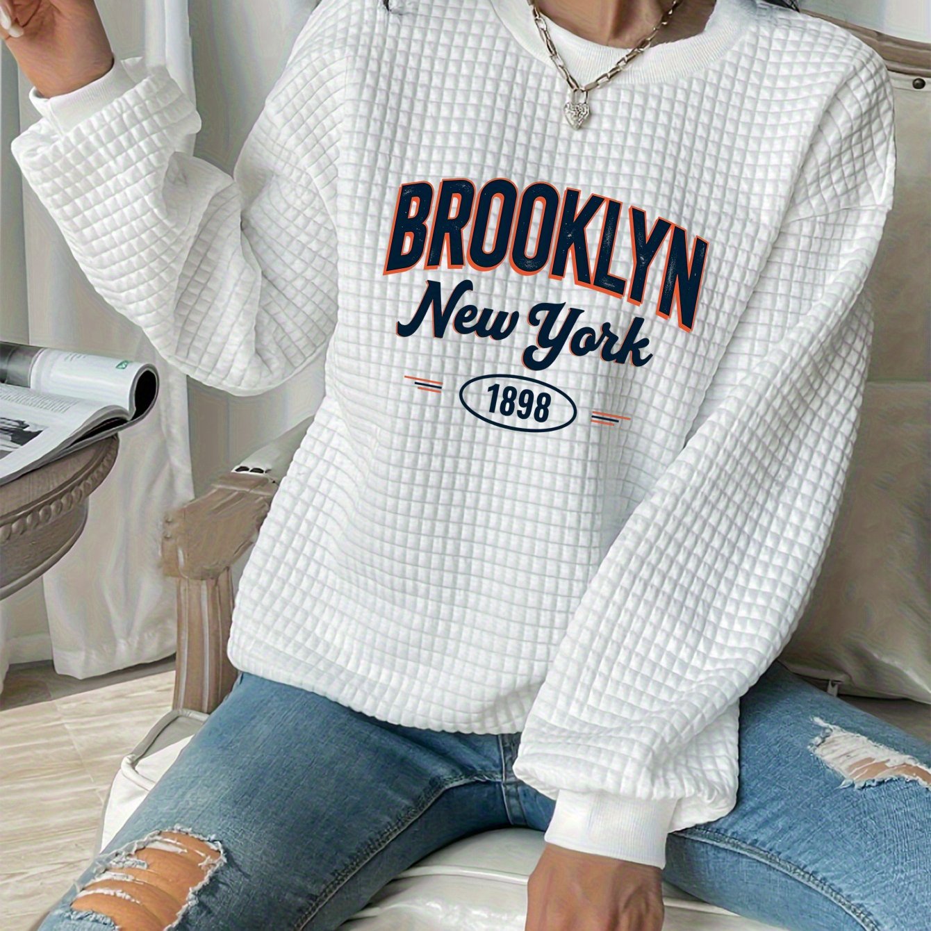 "Brooklyn 1988" Waffle Knit Hoodie - Oversized White Pullover