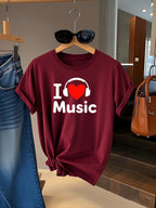 Women's Comfy Stretchy Tee – “I Love Music” Soft Crew Neck Shirt