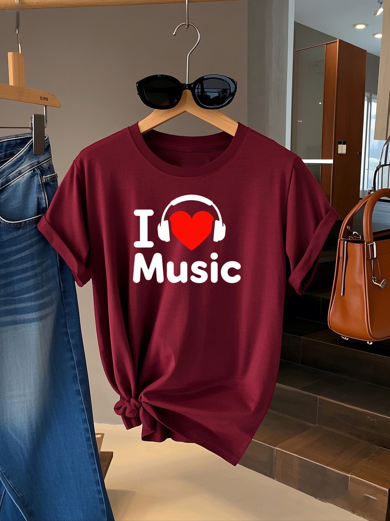Women's Comfy Stretchy Tee – “I Love Music” Soft Crew Neck Shirt