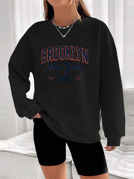 "Brooklyn 1988" Waffle Knit Hoodie - Oversized White Pullover