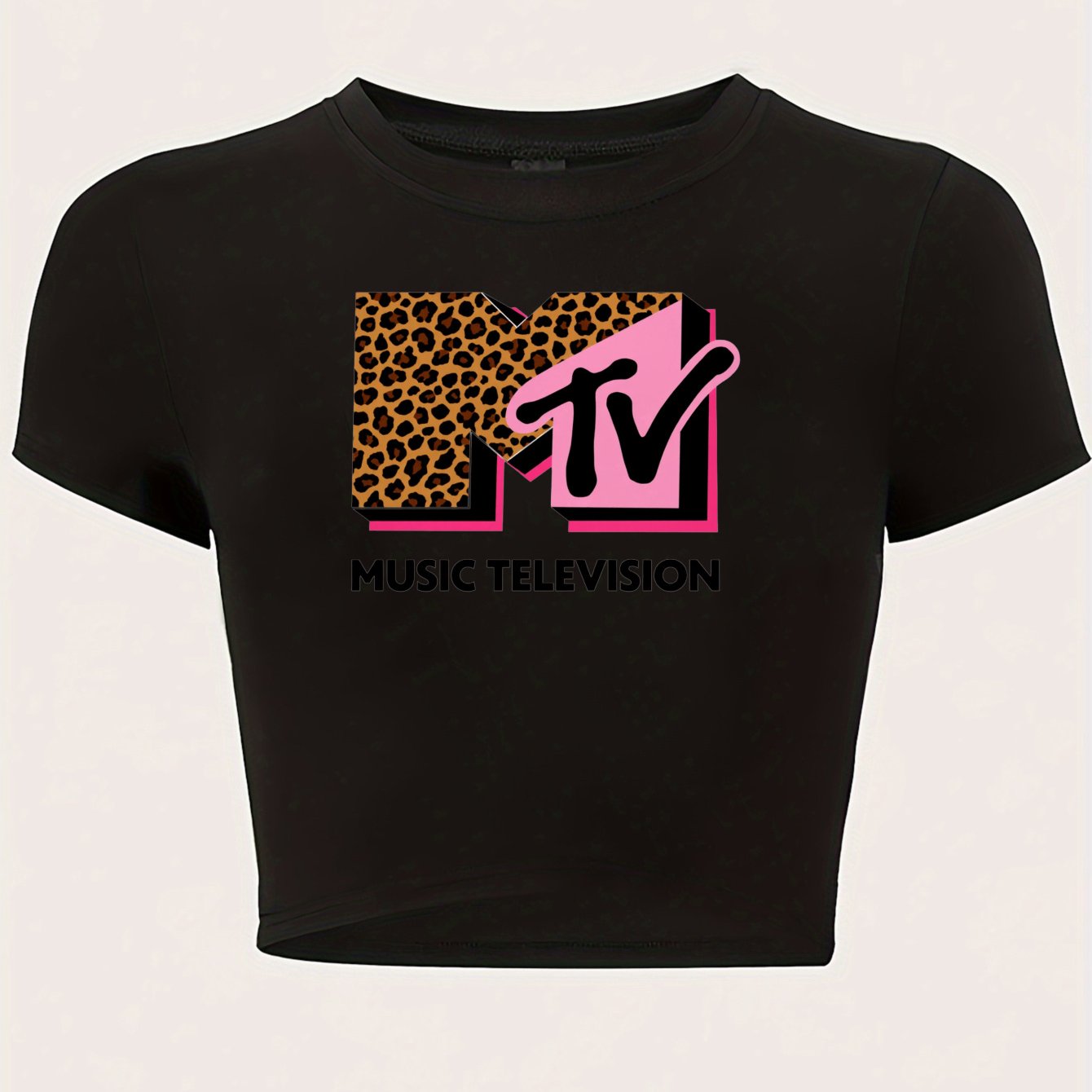 Women's Y2K Graphic Crop Top – Pastel Pink Slim Fit Tee with MTV Logo &amp; Leopard Print Design