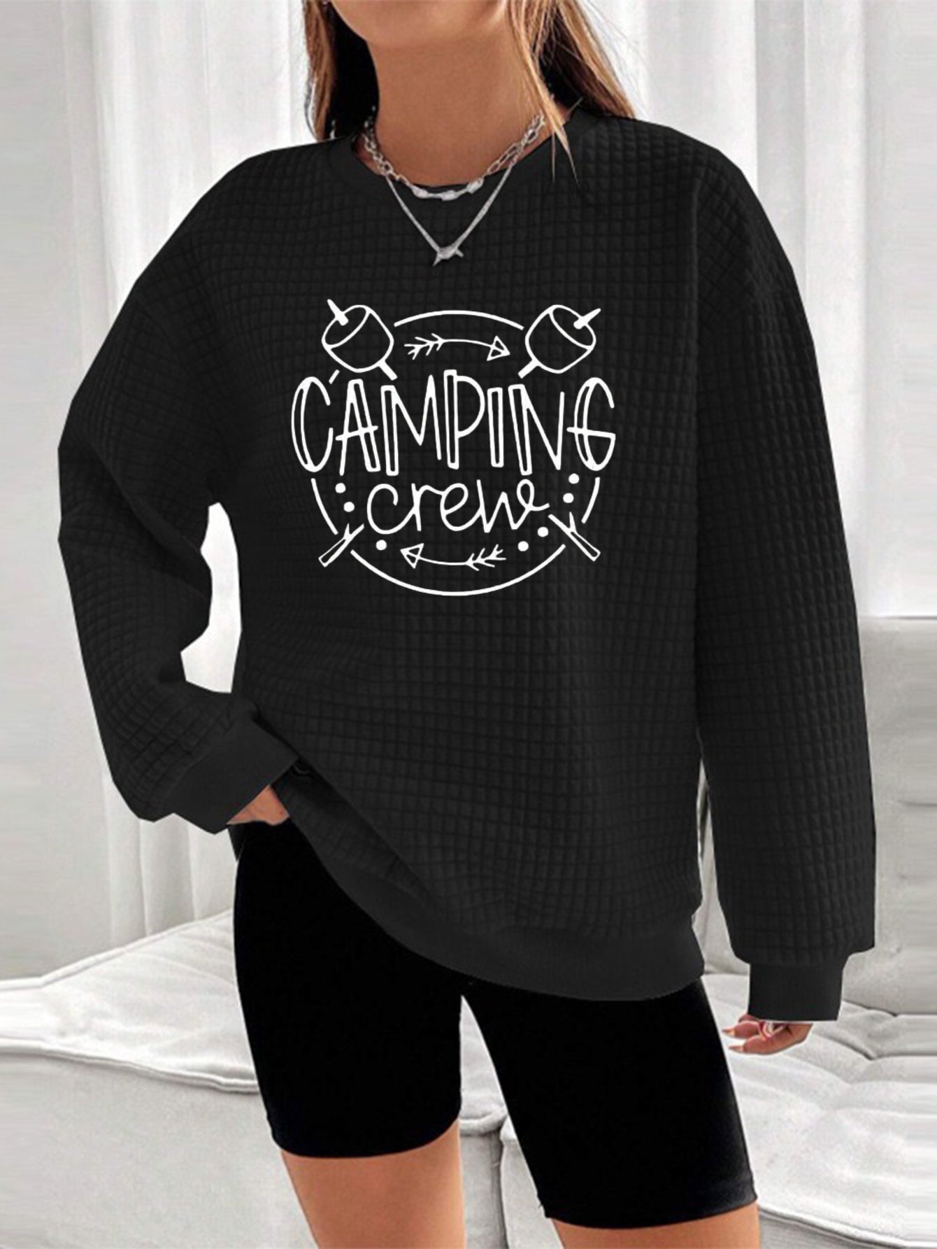 Camping Adventure Waffle Knit Sweatshirt - Tent & Campfire Print