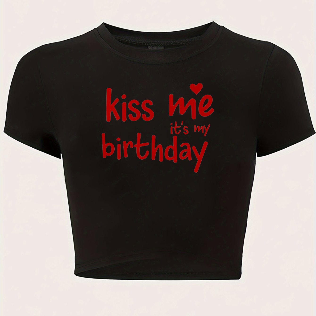 Women’s “KISS ME IT’s MY BIRTHDAY” Y2K Graphic Crop Top – Black Slim Fit Tee with Heart Design