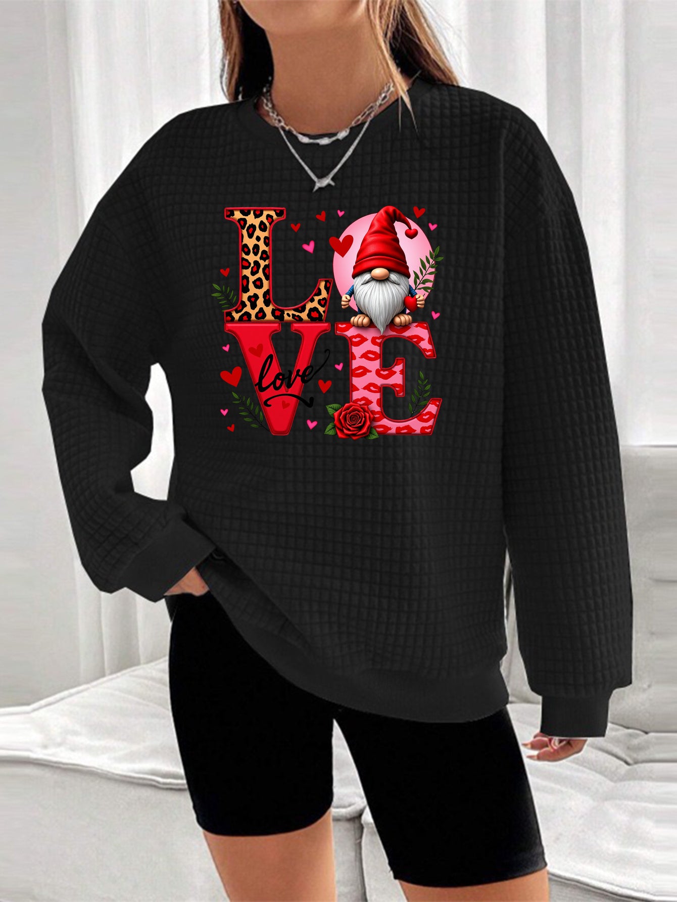 "Love" Santa & Reindeer Waffle Knit Sweatshirt - Festive Christmas Crewneck
