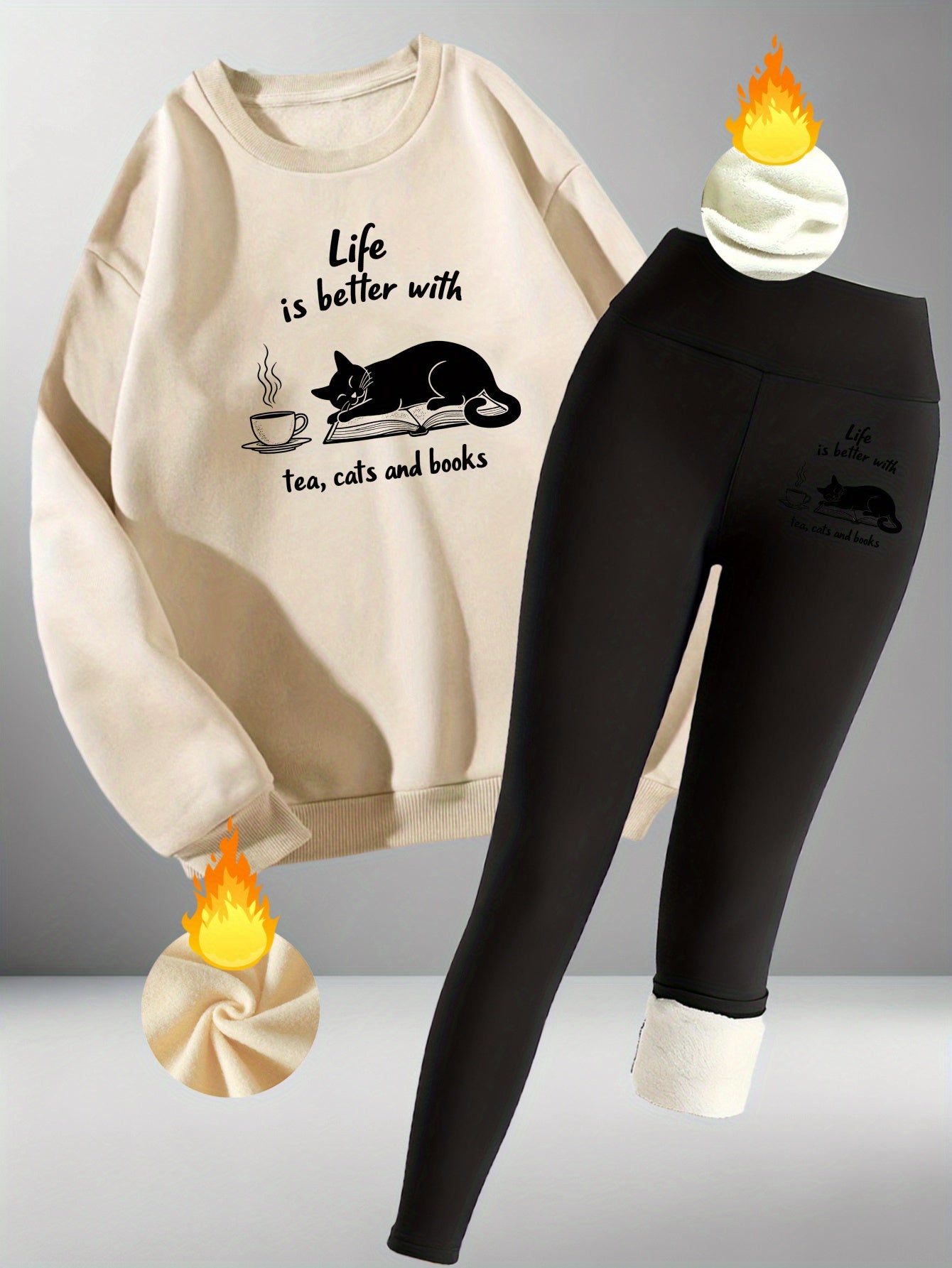 Black Cat Reading Graphic Cozy Set - Sweatshirt & Warm Leggings