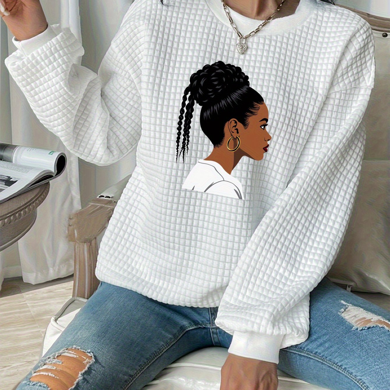 Abstract Face Graphic Waffle Knit Sweatshirt - Oversized Pullover